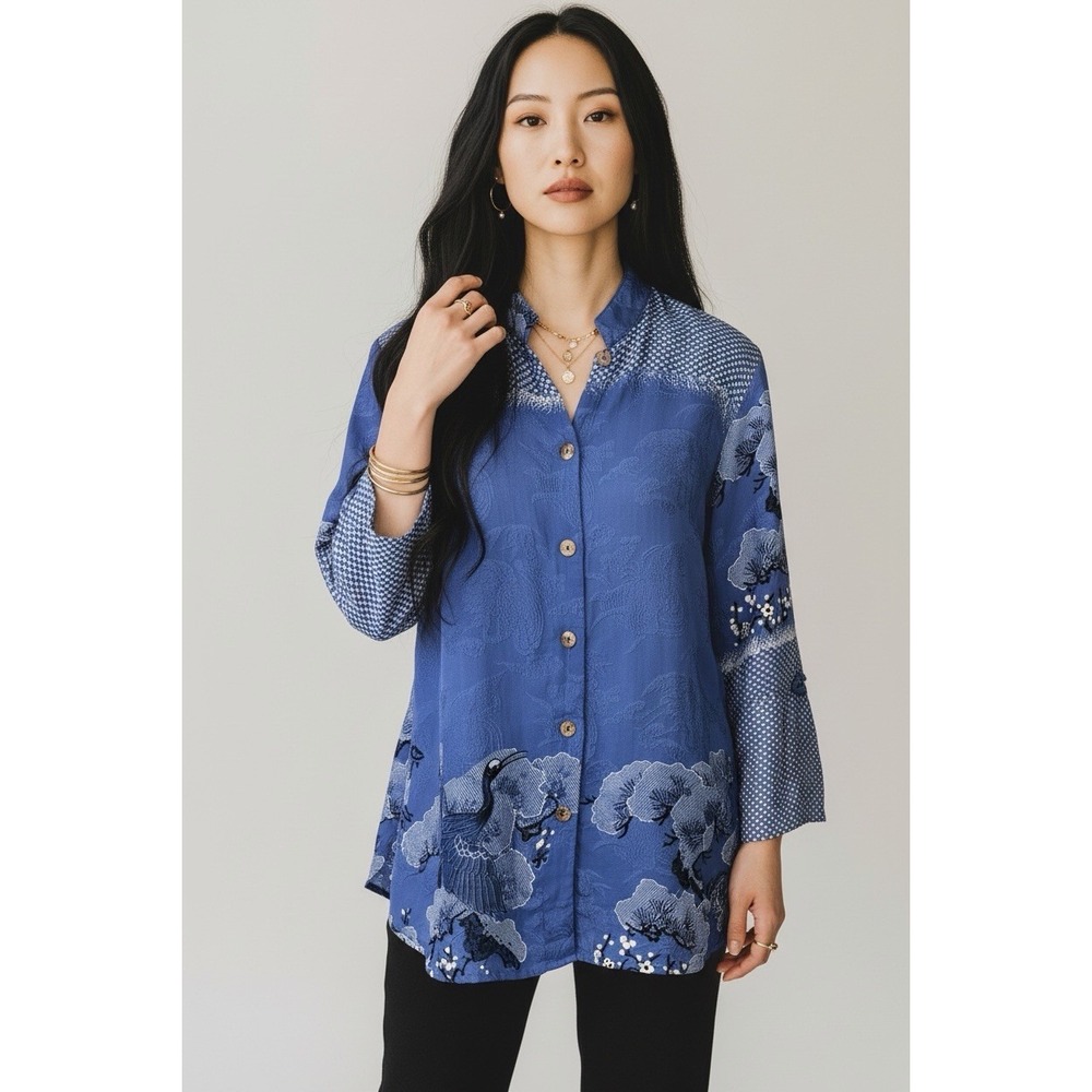 Citron 100% Silk Blue Crane Asian Floral Crane Blouse Top Buttons Size Medium
